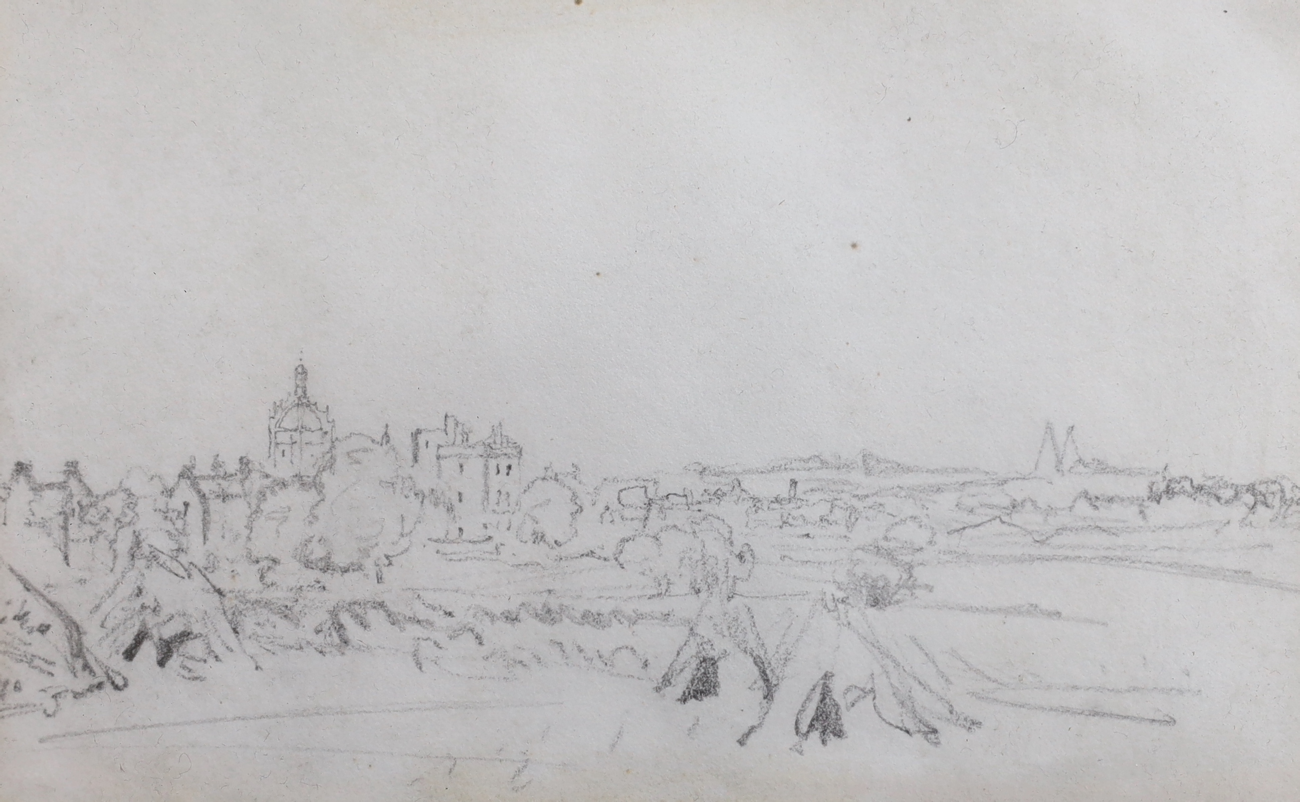 Samuel Bough (1822-1878), three pencil drawings, Harbour scenes and landscape with church steeple, attribution labels verso, largest 14.5 x 23cm